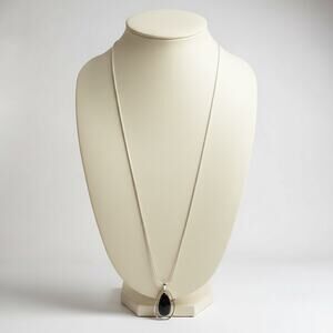 Silver Tone Teardrop Pendant Necklace 36” Long Midnight Blue Faceted Stone NWT